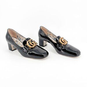 Gucci Victoire GG Block Heel Pumps Size 39.5 US 9.5 Black Patent Logo Loafer